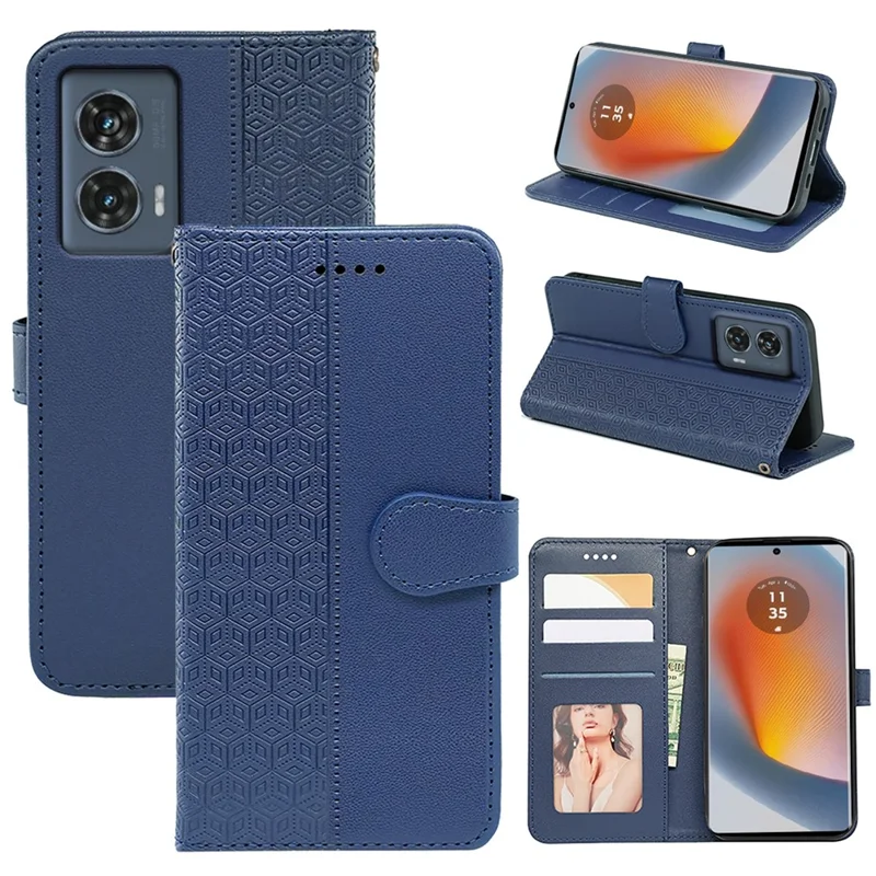 For Motorola Edge 50 Fusion 5G Case PU Leather Cubic Grid Phone Cover - Blue