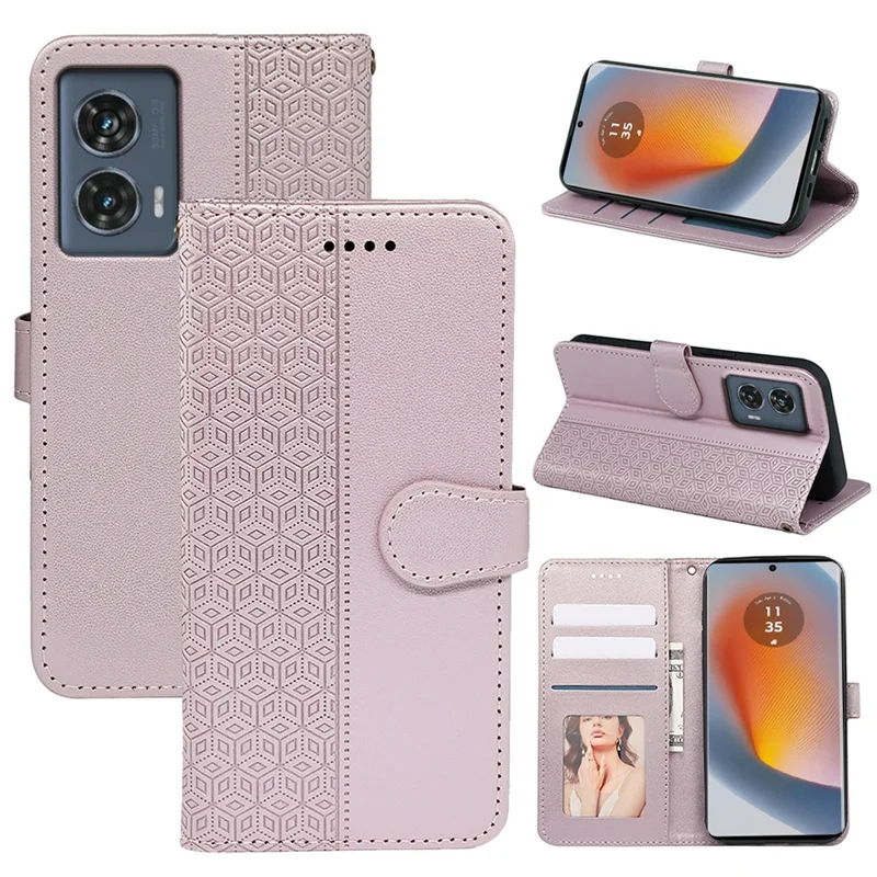 For Motorola Edge 50 Fusion 5G Case PU Leather Cubic Grid Phone Cover - Rose Gold