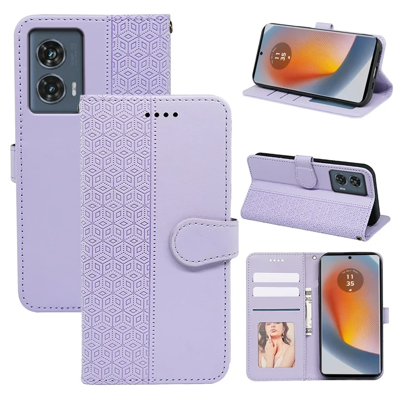Pour Motorola Edge 50 Fusion 5G Étui PU Cuir Grille Cubique Couverture de Téléphone - Violet