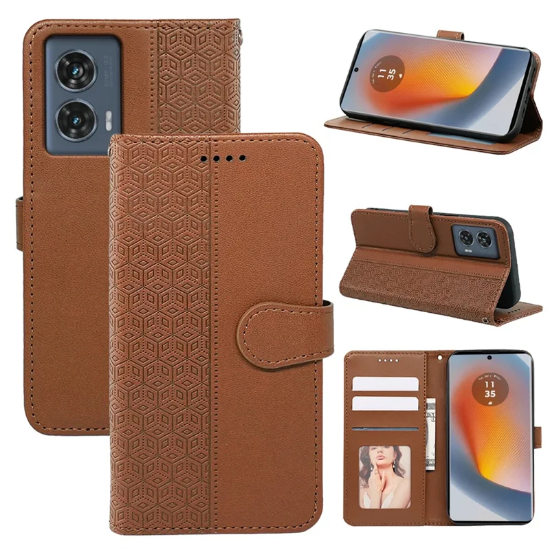 For Motorola Edge 50 Fusion 5G Case PU Leather Cubic Grid Phone Cover - Brown