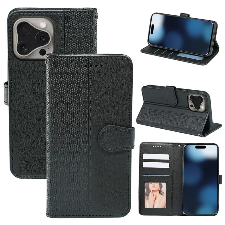 Custodia per iPhone 16 Pro, custodia flip in pelle con motivo a griglia cubico - Nero