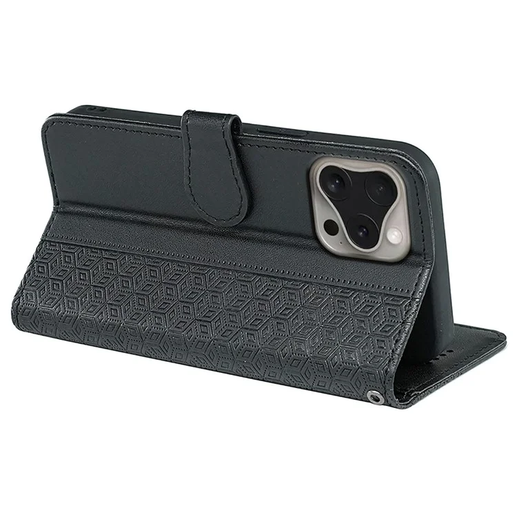 Custodia per iPhone 16 Pro, custodia flip in pelle con motivo a griglia cubico - Nero