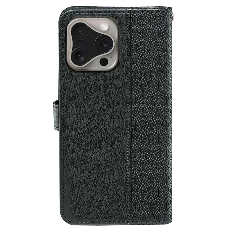 Funda para iPhone 16 Pro Max Cubic Grid Imprinted Leather Phone Cover con Billetera - Negro