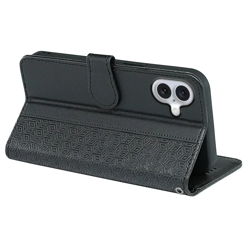 For iPhone 16 Case Cubic Grid Imprint PU Leather Folio Flip Phone Cover - Black