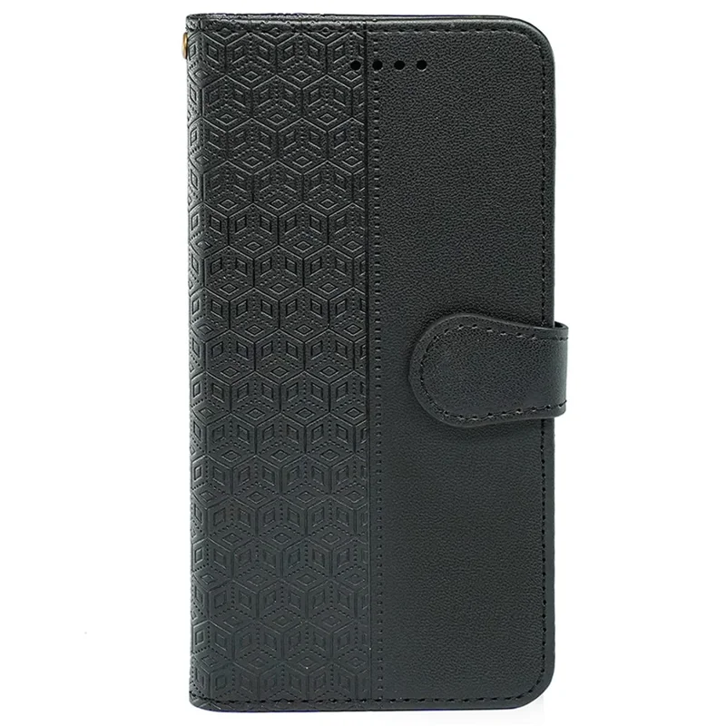 For iPhone 16 Case Cubic Grid Imprint PU Leather Folio Flip Phone Cover - Black