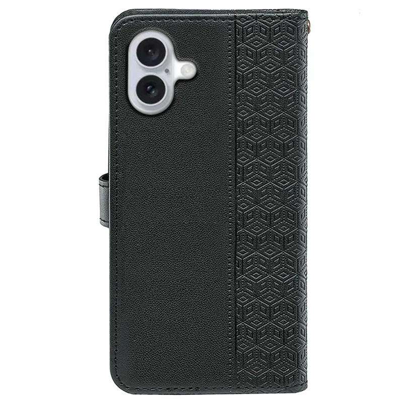 For iPhone 16 Case Cubic Grid Imprint PU Leather Folio Flip Phone Cover - Black