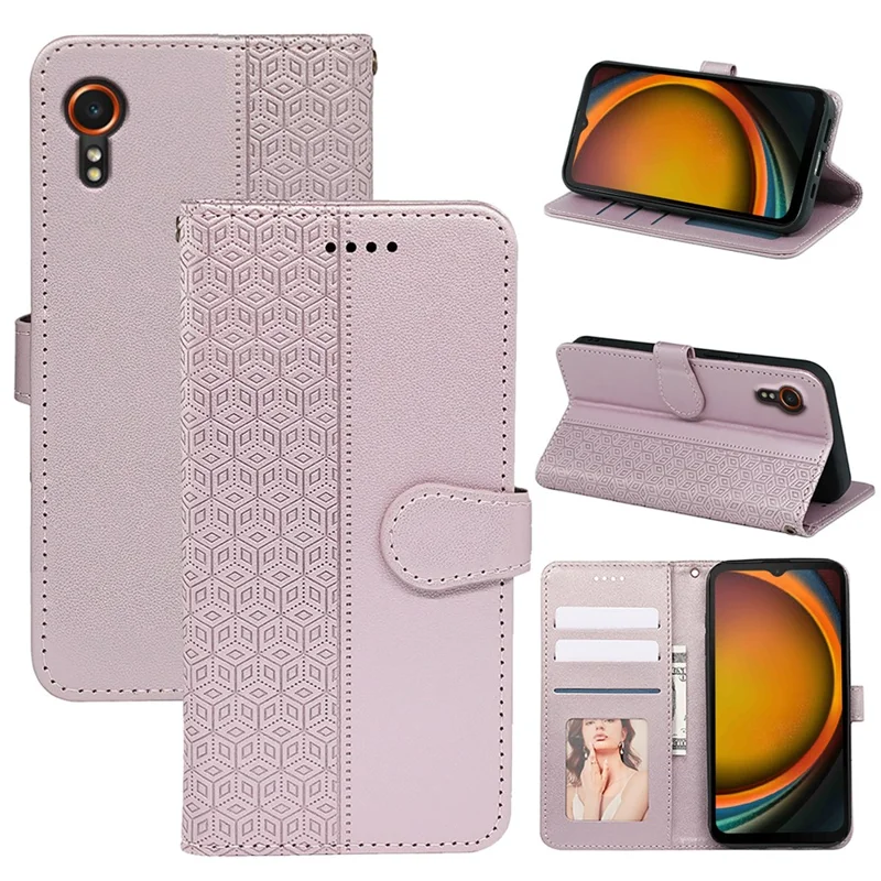 For Samsung Galaxy Xcover7 Case Wallet Leather Flip Phone Cover Cubic Grid Imprinted - Rose Gold