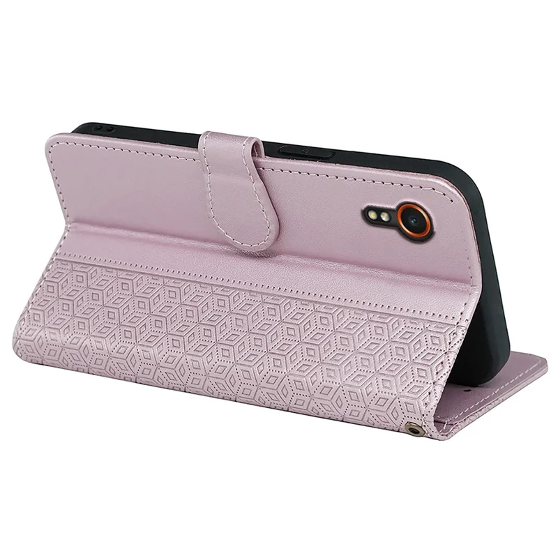 For Samsung Galaxy Xcover7 Case Wallet Leather Flip Phone Cover Cubic Grid Imprinted - Rose Gold