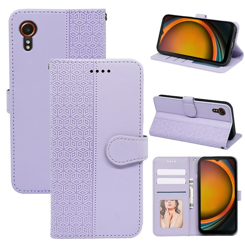 For Samsung Galaxy Xcover7 Case Wallet Leather Flip Phone Cover Cubic Grid Imprinted - Purple