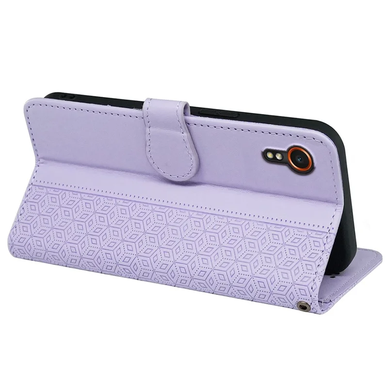 For Samsung Galaxy Xcover7 Case Wallet Leather Flip Phone Cover Cubic Grid Imprinted - Purple
