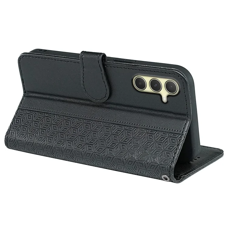 For Samsung Galaxy A25 5G (Global) (161.0 X 76.5 X 8.3mm) Case Leather Flip Phone Cover Cubic Grid Imprinted - Black