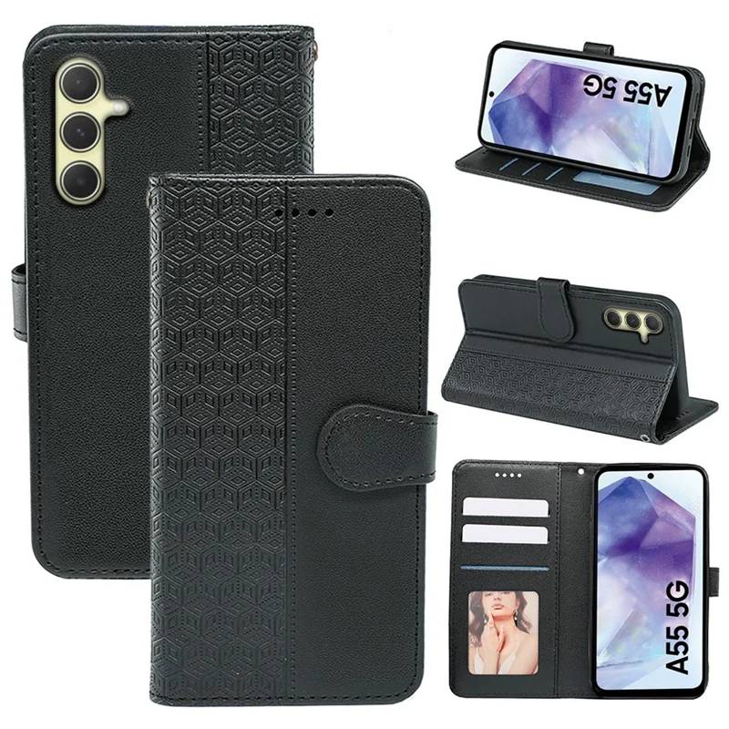 For Samsung Galaxy A55 5G Case Cubic Grid Imprint PU Leather Wallet Phone Cover - Black