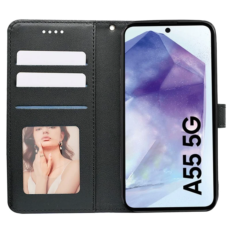 For Samsung Galaxy A55 5G Case Cubic Grid Imprint PU Leather Wallet Phone Cover - Black