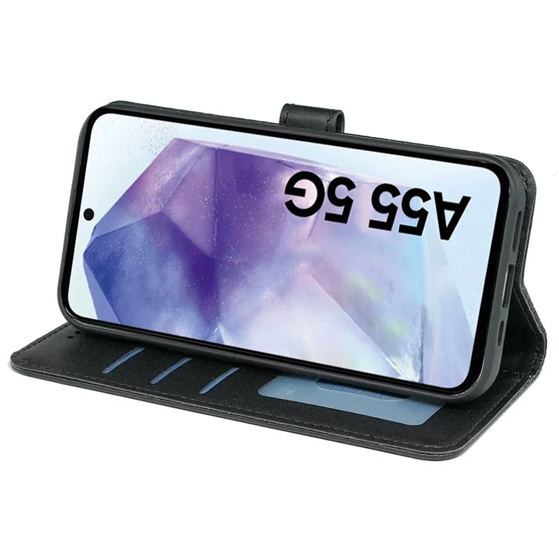 For Samsung Galaxy A55 5G Case Cubic Grid Imprint PU Leather Wallet Phone Cover - Black