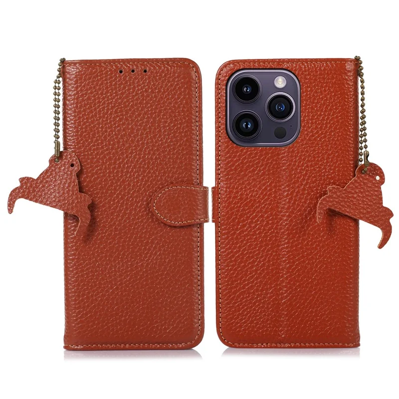 For iPhone 16 Pro Max Case Litchi Texture Phone Cover Genuine Cow Leather RFID Blocking - Brown