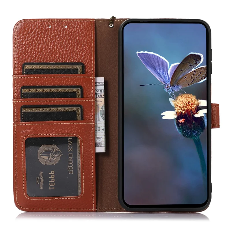 For iPhone 16 Pro Max Case Litchi Texture Phone Cover Genuine Cow Leather RFID Blocking - Brown