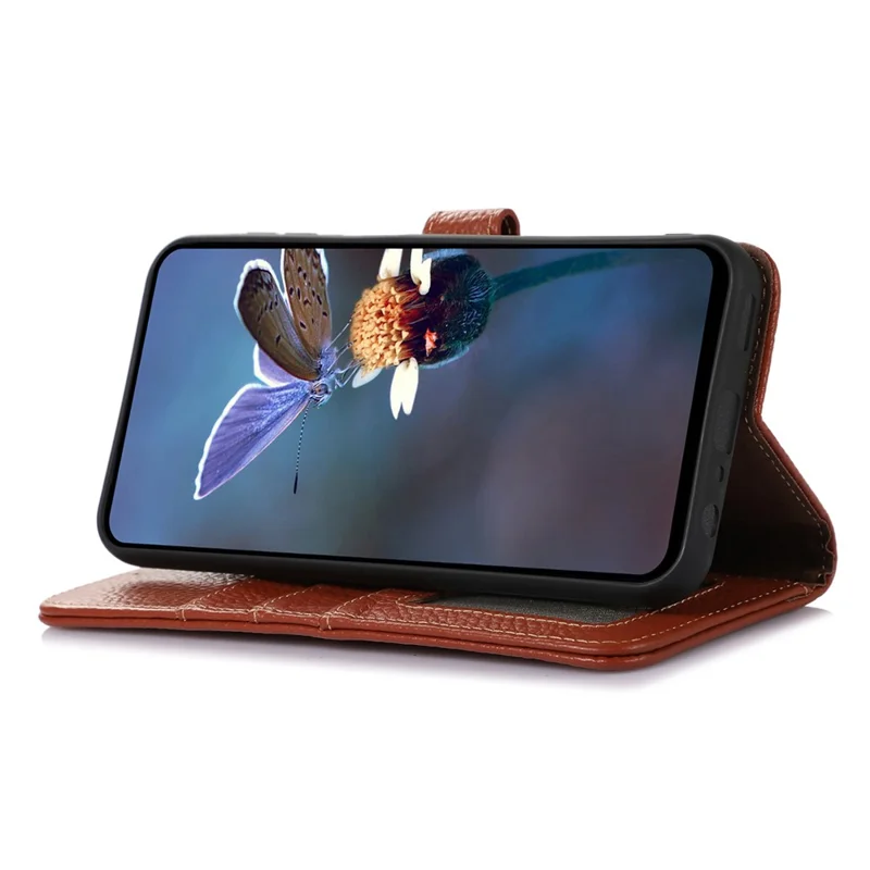 For iPhone 16 Pro Max Case Litchi Texture Phone Cover Genuine Cow Leather RFID Blocking - Brown