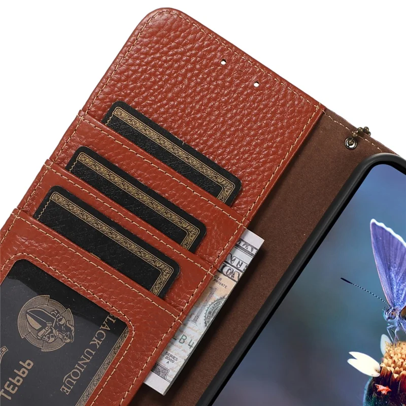 For iPhone 16 Pro Max Case Litchi Texture Phone Cover Genuine Cow Leather RFID Blocking - Brown
