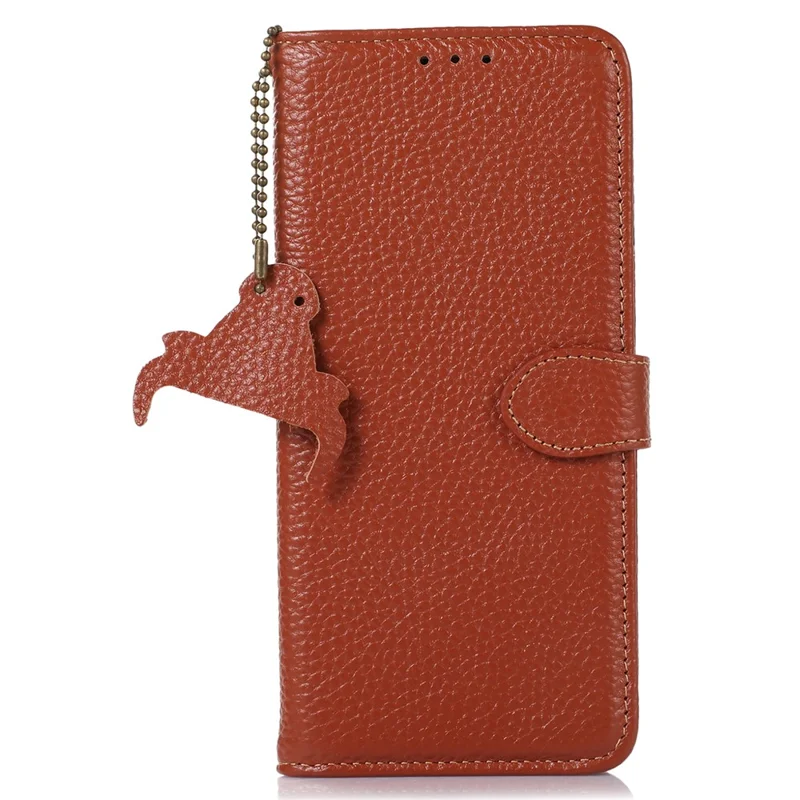 For iPhone 16 Pro Max Case Litchi Texture Phone Cover Genuine Cow Leather RFID Blocking - Brown