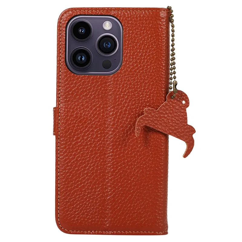 For iPhone 16 Pro Max Case Litchi Texture Phone Cover Genuine Cow Leather RFID Blocking - Brown