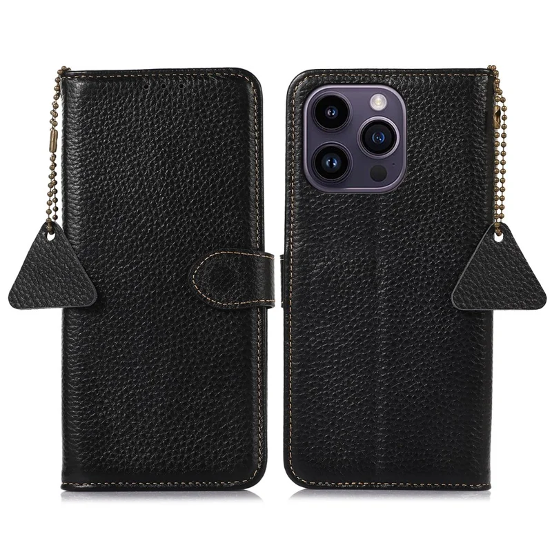 For iPhone 16 Pro Case RFID Blocking Genuine Cow Leather Phone Cover Wallet Litchi Texture - Black