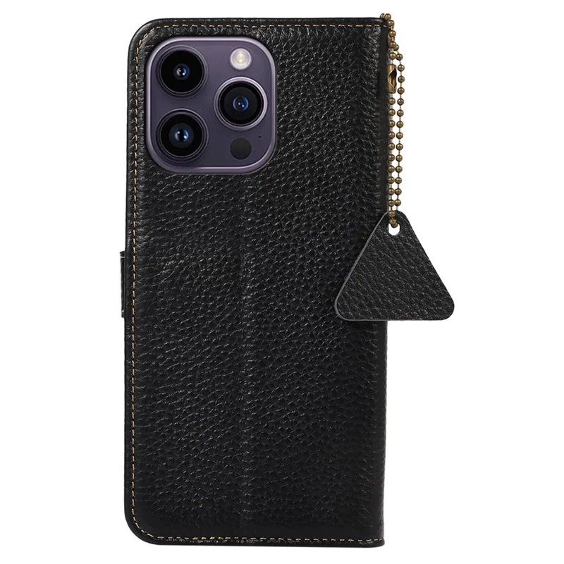 For iPhone 16 Pro Case RFID Blocking Genuine Cow Leather Phone Cover Wallet Litchi Texture - Black