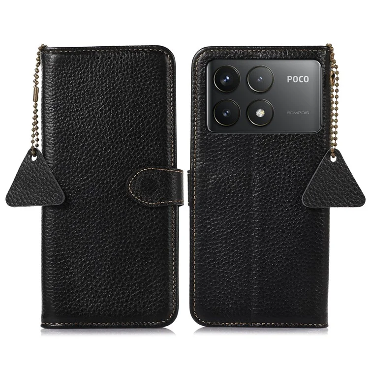 Para Xiaomi Poco F6 Pro 5G / Redmi K70 5G / K70 Pro 5G Case RFID Blocking Genuine Cow Leather Phone Cover - Black
