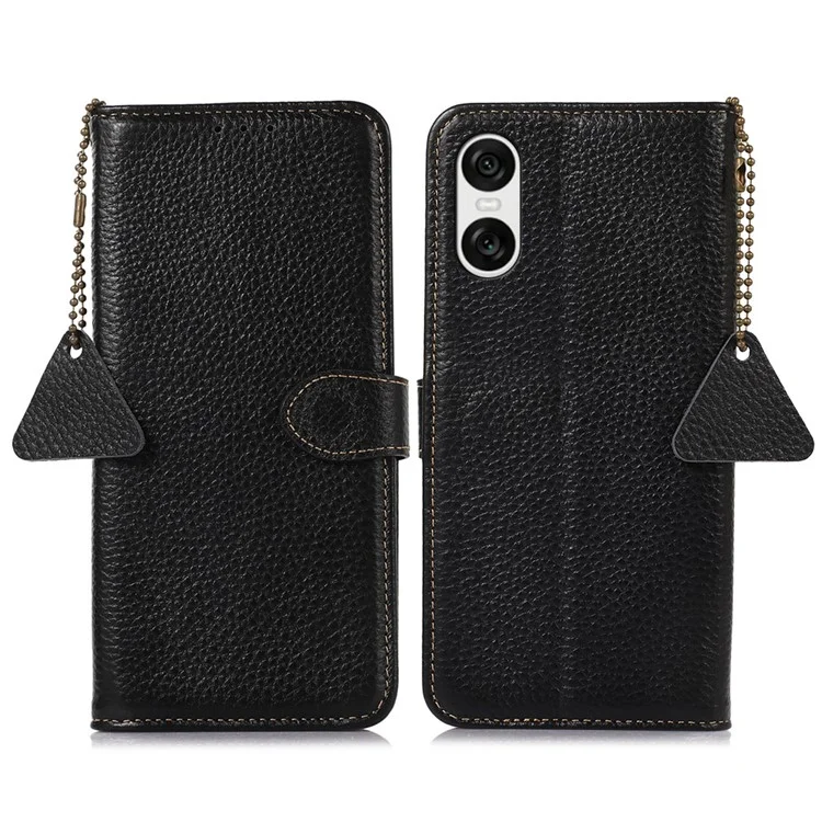 Для Sony Xperia 10 VI RFID Blocking Case Genuine Cow Leather Litchi Texture Phone Cover - Black