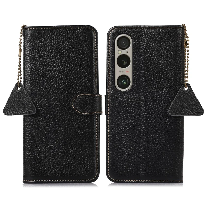 Per Sony Xperia 1 VI Case Genuine Cow Leather RFID Blocking Wallet Phone Cover Litchi Texture - Black