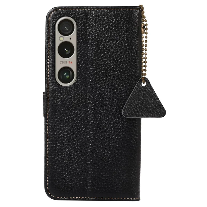 Per Sony Xperia 1 VI Case Genuine Cow Leather RFID Blocking Wallet Phone Cover Litchi Texture - Black
