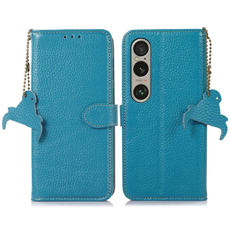 Para Sony Xperia 1 VI Case Genuine Cow Leather RFID Blocking Wallet Phone Cover Litchi Texture - Blue