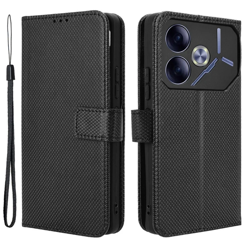 For TECNO Pova 6 4G Protective Case Diamond Texture Leather Phone Cover with Wallet - Black
