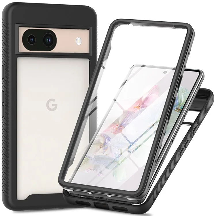 Для чехла Google Pixel 8a PC+TPU прозрачный чехол для телефона с пленкой для экрана PET Всесторонняя защита - черный
