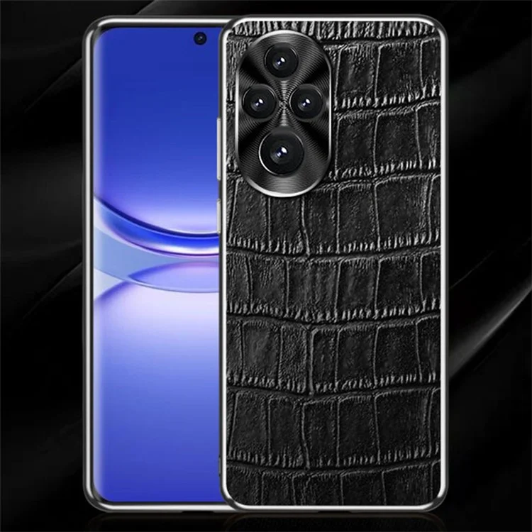 Capa For Honor 200 Pro 5G Case Crocodile Texture Genuine Cow Leather+TPU - Preta