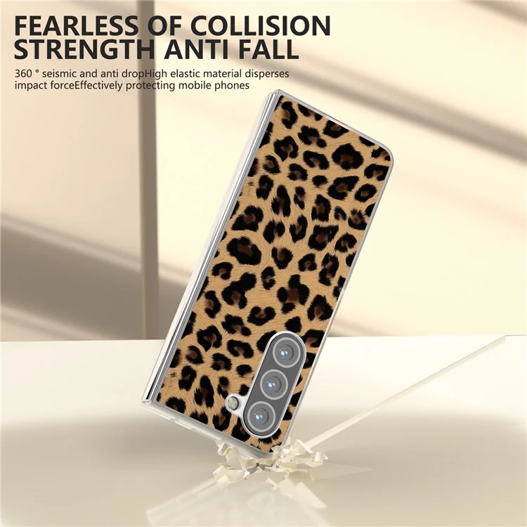 Para Samsung Galaxy Z Fold6 5G Funda de Cuero+PC Antideslizante Funda de Teléfono Estampado de Leopardo - Oro Champán