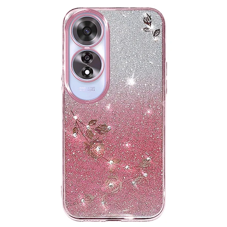 Capa de TPU com decoração de strass para Oppo A60 4G - Padrão de flor - Ouro rosa