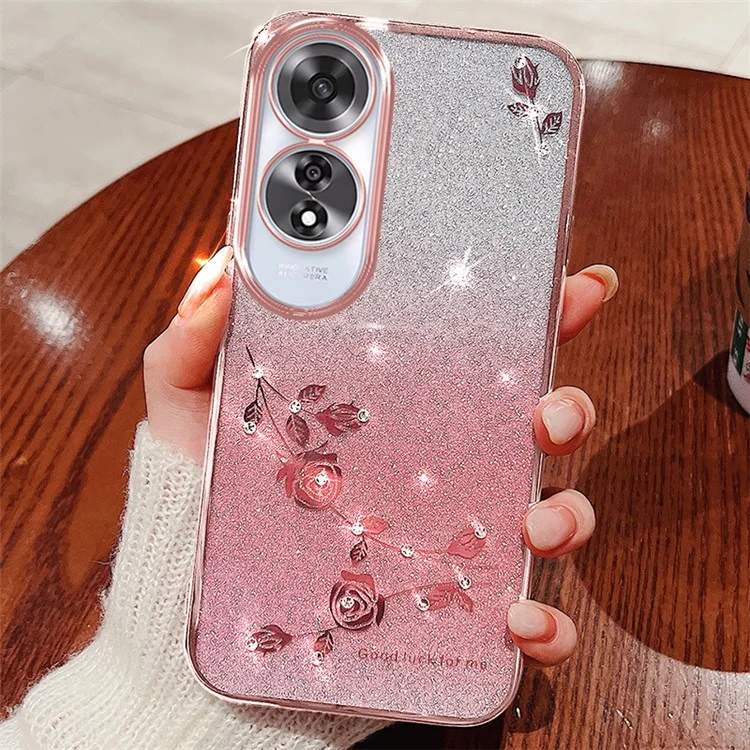 Capa de TPU com decoração de strass para Oppo A60 4G - Padrão de flor - Ouro rosa