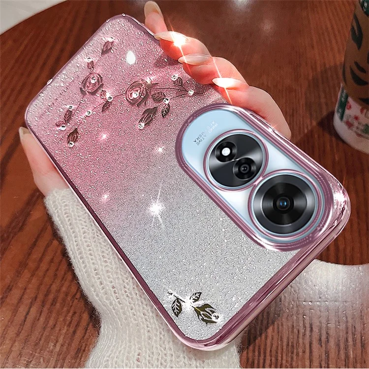 Capa de TPU com decoração de strass para Oppo A60 4G - Padrão de flor - Ouro rosa