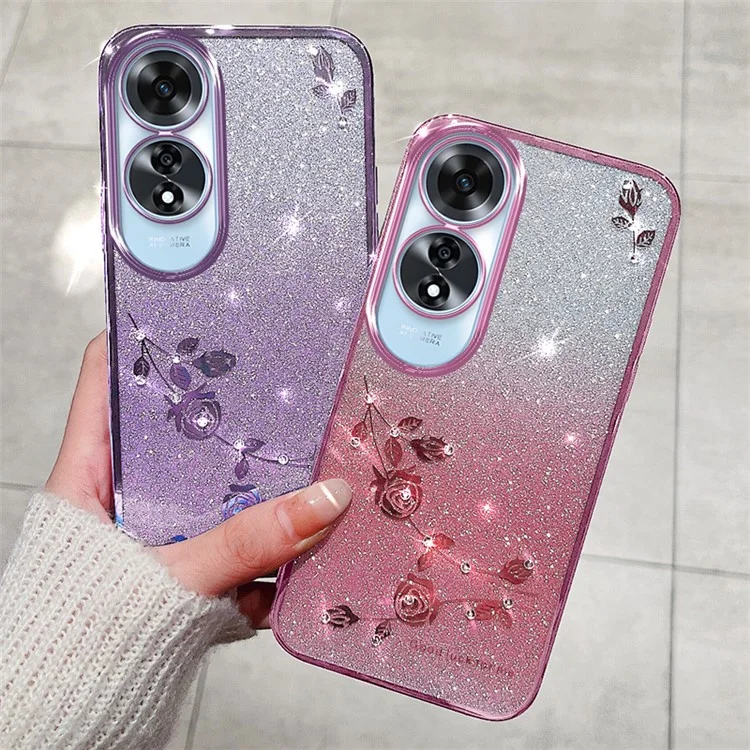Capa de TPU com decoração de strass para Oppo A60 4G - Padrão de flor - Ouro rosa