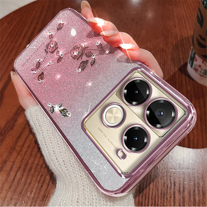 KADEM For Infinix Note 40 Pro 4G / 5G Flower Case TPU Glitter Phone Cover with Lanyard - Rose Gold