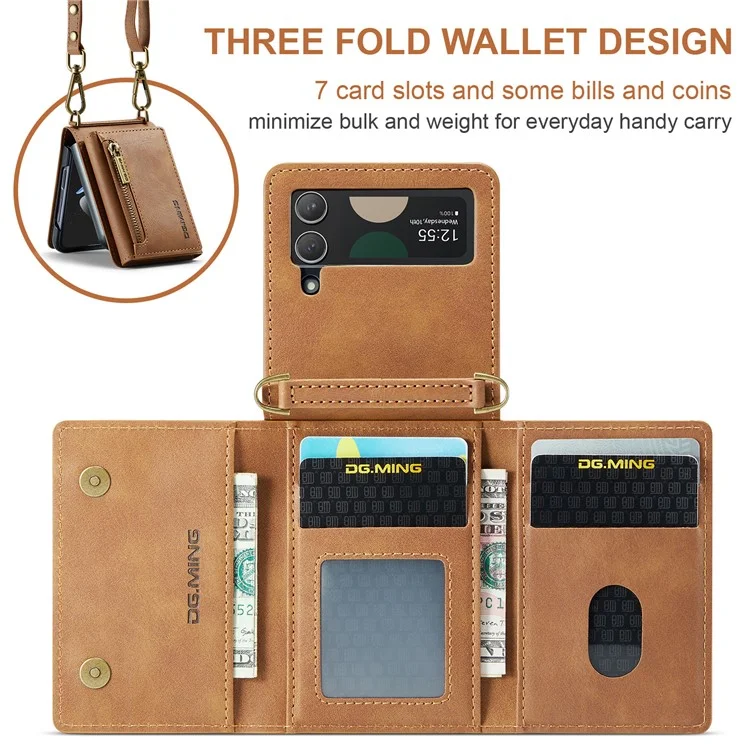 Чехол для Samsung Galaxy Z Flip4 5G DG.MING M5 Series с блокировкой RFID, из искусственной кожи и поликарбоната, с функцией складывания, коричневого цвета