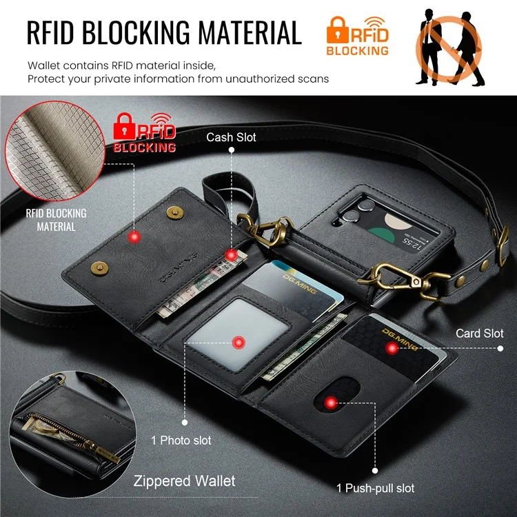 Étui DG.MING M5 Series pour Samsung Galaxy Z Flip3 5G avec fentes pour cartes RFID Blocking en cuir+PC - Noir