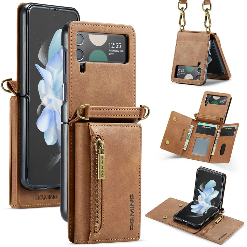 DG.MING M5 Series for Samsung Galaxy Z Flip3 5G Case RFID Blocking Card Slots Leather+PC Phone Cover - Brown