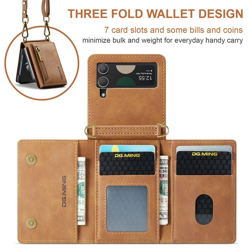 DG.MING M5 Series for Samsung Galaxy Z Flip3 5G Case RFID Blocking Card Slots Leather+PC Phone Cover - Brown