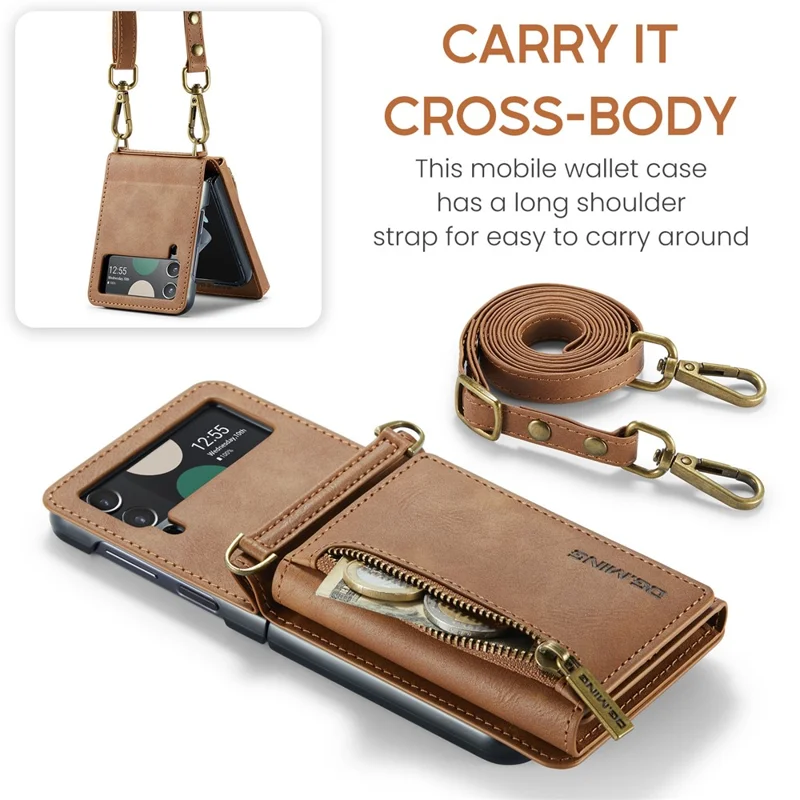 DG.MING M5 Series for Samsung Galaxy Z Flip3 5G Case RFID Blocking Card Slots Leather+PC Phone Cover - Brown