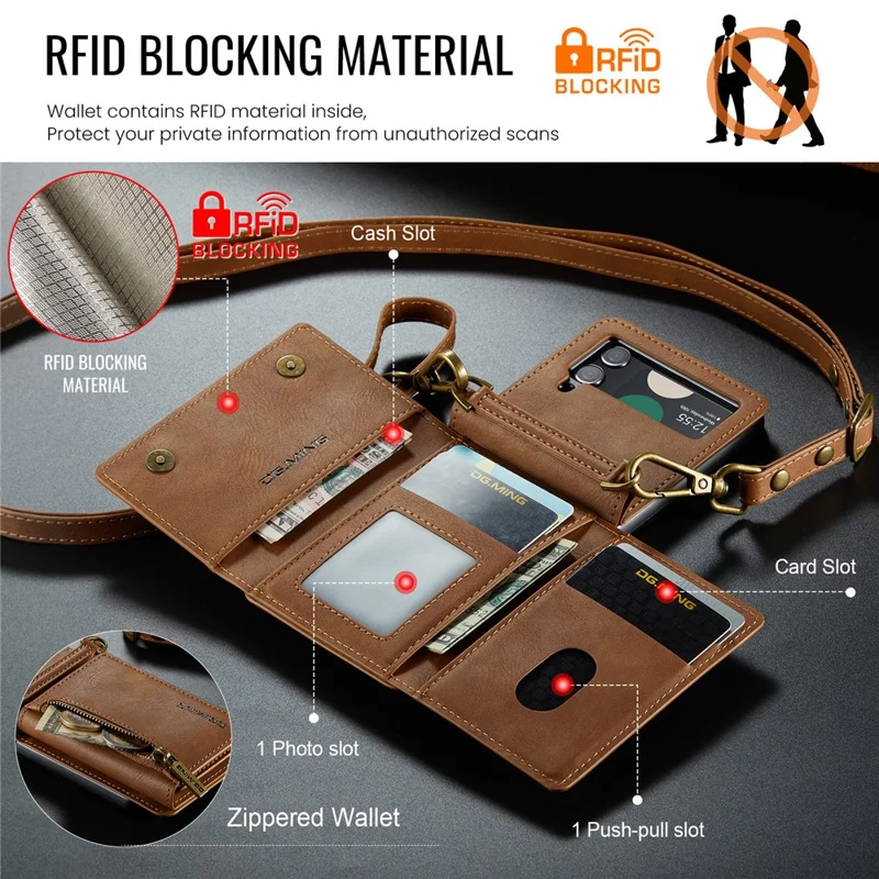DG.MING M5 Series for Samsung Galaxy Z Flip3 5G Case RFID Blocking Card Slots Leather+PC Phone Cover - Brown