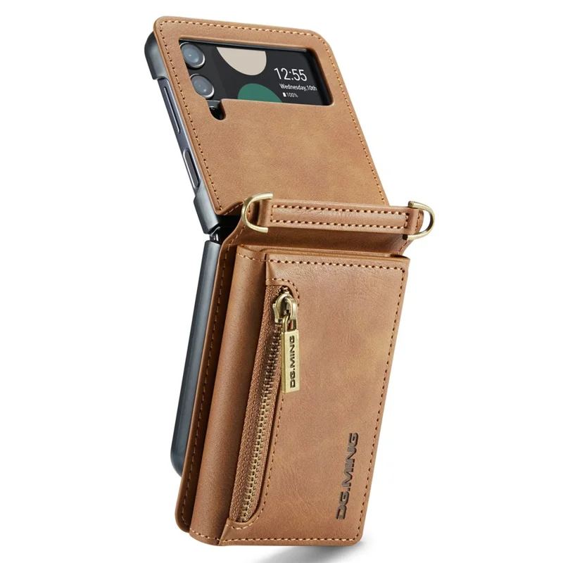 DG.MING M5 Series for Samsung Galaxy Z Flip3 5G Case RFID Blocking Card Slots Leather+PC Phone Cover - Brown