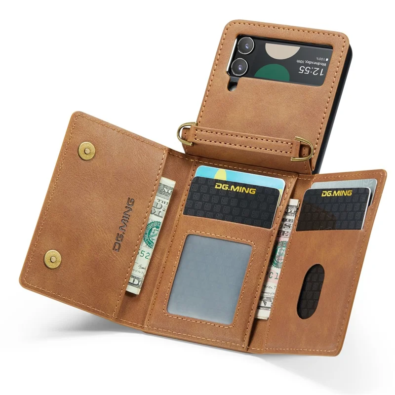 DG.MING M5 Series for Samsung Galaxy Z Flip3 5G Case RFID Blocking Card Slots Leather+PC Phone Cover - Brown