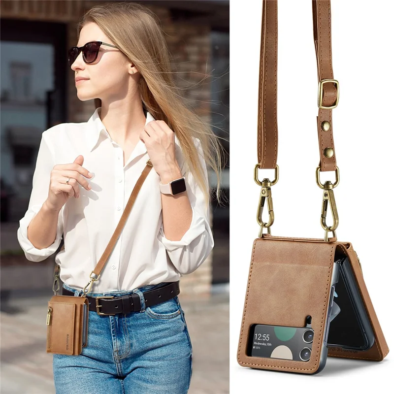 DG.MING M5 Series for Samsung Galaxy Z Flip3 5G Case RFID Blocking Card Slots Leather+PC Phone Cover - Brown
