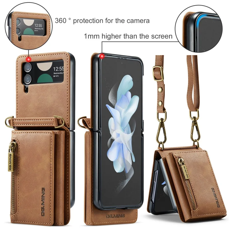 DG.MING M5 Series for Samsung Galaxy Z Flip3 5G Case RFID Blocking Card Slots Leather+PC Phone Cover - Brown